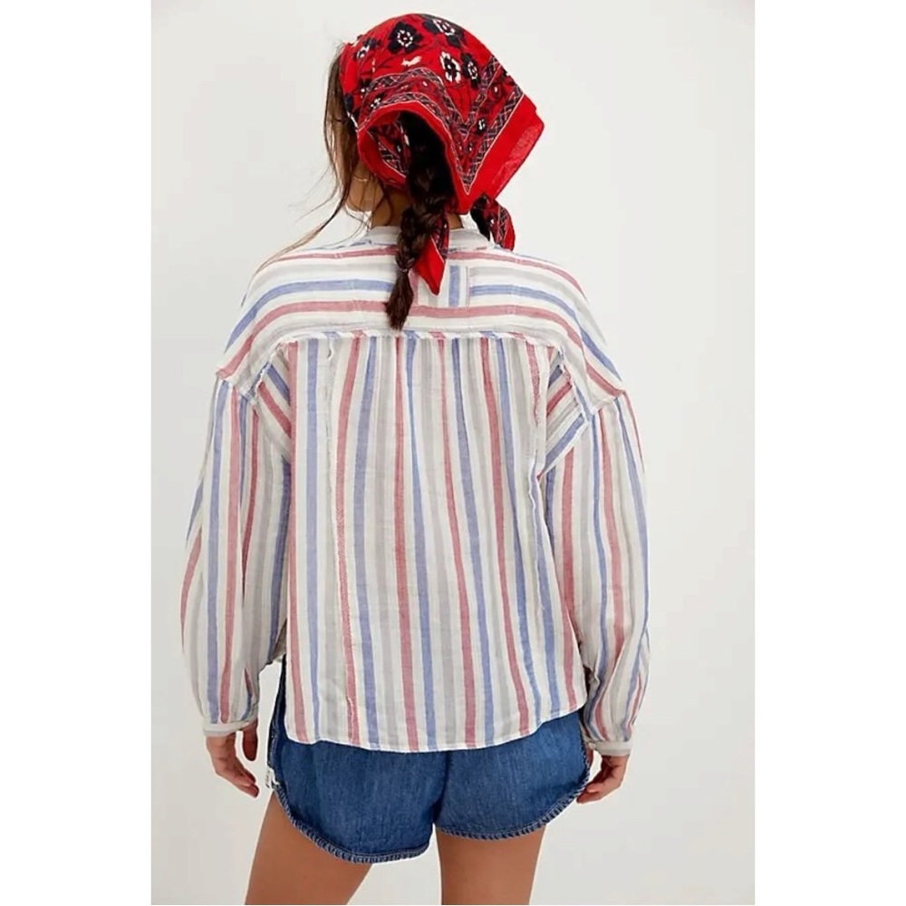 Free People Valley Double Gauze Cotton Striped Shirt Size XL Beach Coastal - Picture 3 of 11